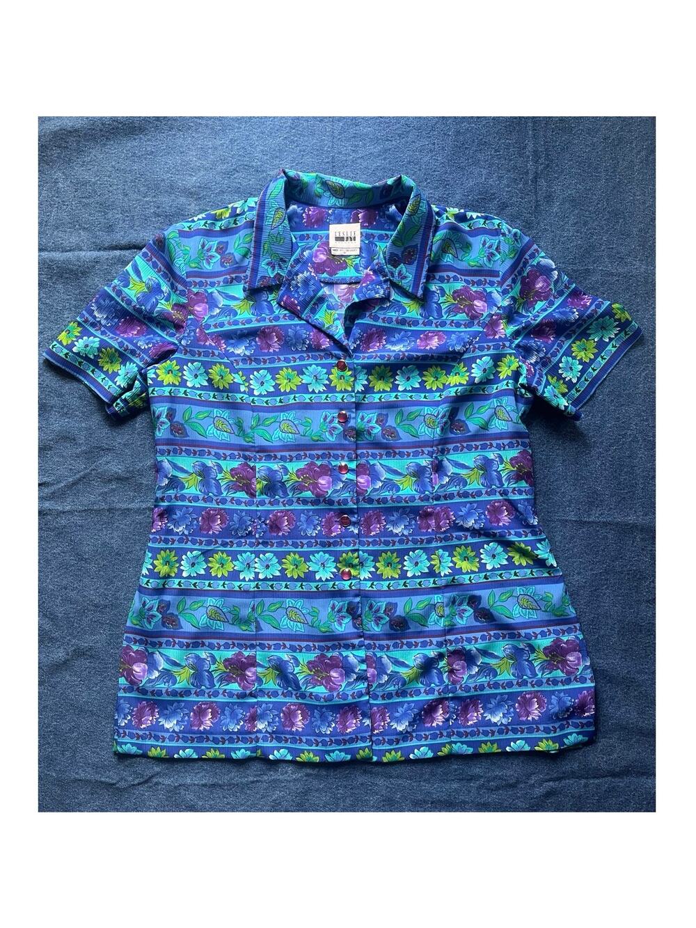 Vintage Leslie Fay Dresses Blue Tropical Hawaiian Blouse